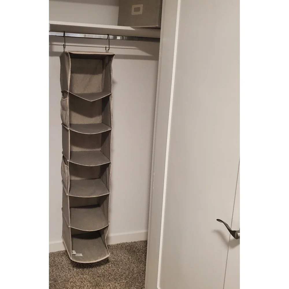 Grey 6-Shelf Hanging Closet Organizer with Side Pockets and Metal Hooks